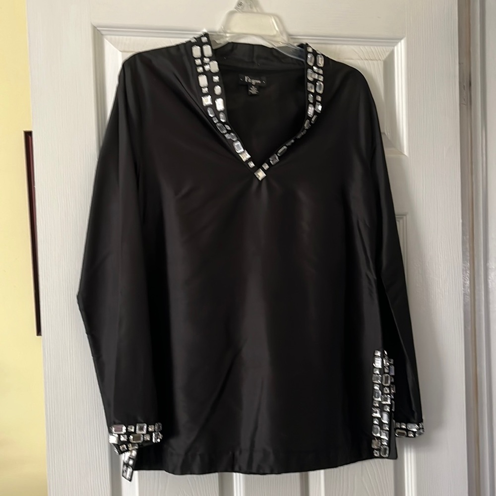 Black Silk tunic with crystals at the neck sleeves & sides